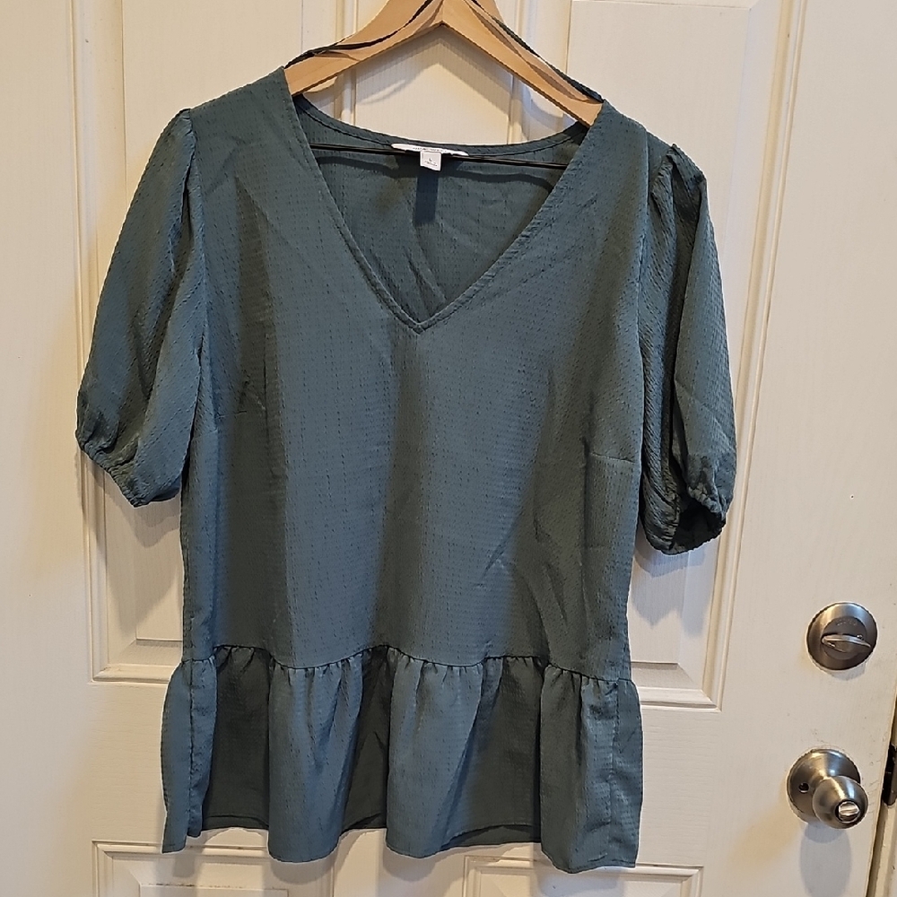 NWOT Nine West Blue/Green Peplum Puff Sleeve Blouse